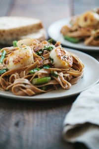 Pasta with Seared Scallops, Crisped Prosciutto, and Asparagus