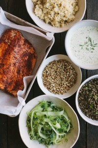 Baked Salmon and Lentils with Quinoa, Shaved Cucumbers, and Dilled Yogurt Sauce | Gather & Dine