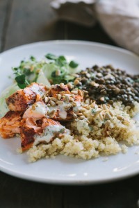 Baked Salmon and Lentils with Quinoa, Shaved Cucumbers, and Dilled Yogurt Sauce | Gather & Dine
