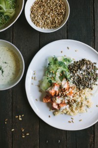 Baked Salmon and Lentils with Quinoa, Shaved Cucumbers, and Dilled Yogurt Sauce | Gather & Dine