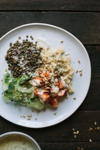 Baked Salmon and Lentils with Quinoa, Shaved Cucumbers, and Dilled Yogurt Sauce | Gather & Dine