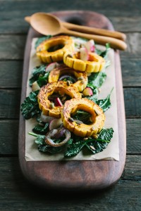 Roasted Delicata Squash with Baby Kale and Balsamic Molasses Vinaigrette