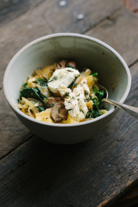 Ricotta Goat Cheese Polenta Bake with Mushrooms, Greens, and Caramelized Onions