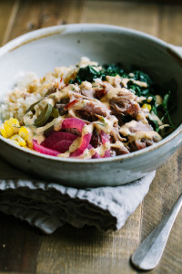 Pulled Pork Rice Bowls with Sriracha Tahini Sauce