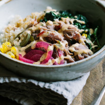 Pulled Pork Rice Bowls with Sriracha Tahini Sauce