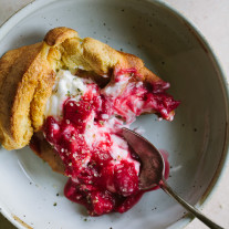 Einkorn Popovers with Yogurt and Rhubarb Raspberry Compote