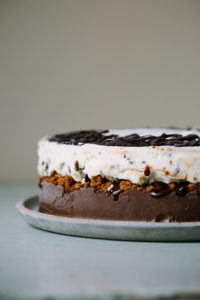 A Chocolate and Mint Chocolate Chip Ice Cream Cake with Crispy Cocoa Cookies and Dark Chocolate Malted Fudge