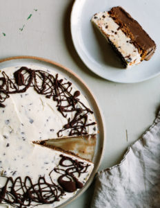 A Chocolate and Mint Chocolate Chip Ice Cream Cake with Crispy Cocoa Cookies and Dark Chocolate Malted Fudge
